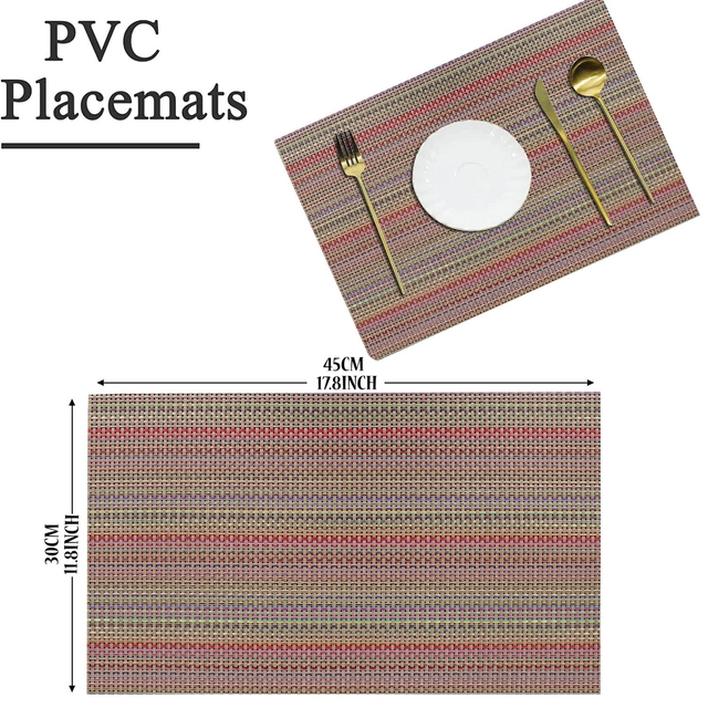 PVC Waterproof Rectangle Striped Table Mats (Maroon, 45x30 cm) (Pack of 6)