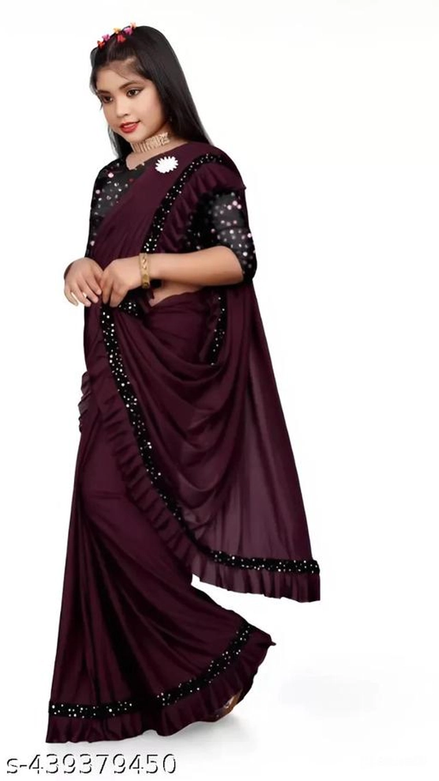 Poly Silk Solid Saree with Blouse for Girls (Wine, 3-4 Years)