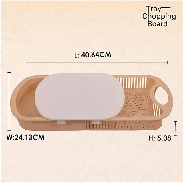 Plastic Chopping Board with Strainer for Kitchen (Cream)