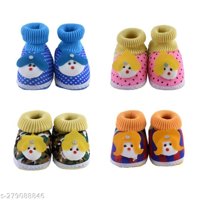 Cotton Booties for Baby (Multicolor, 3-6 Months) (Pack of 4)