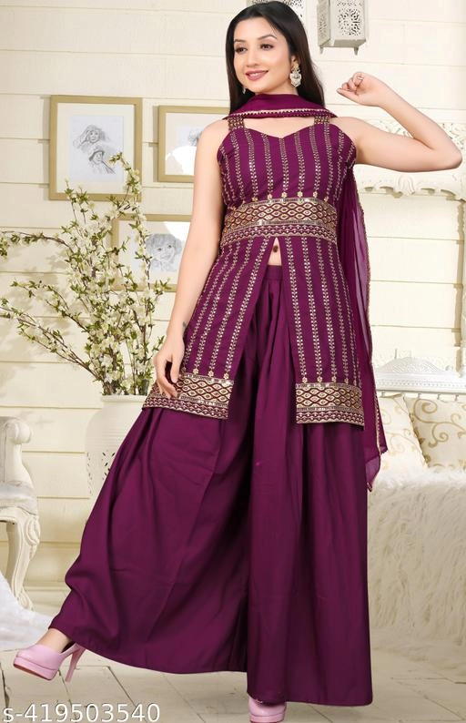 Rayon Embroidered Kurti with Sharara & Dupatta for Women (Purple, S)