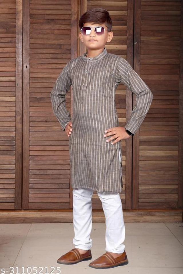 Art Silk Kurta Sets for Boys (3-4 Years, Grey & White)