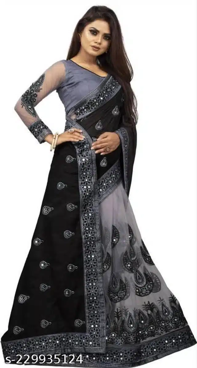 Net Embroidered Saree For Women (Black, 6.3 m)