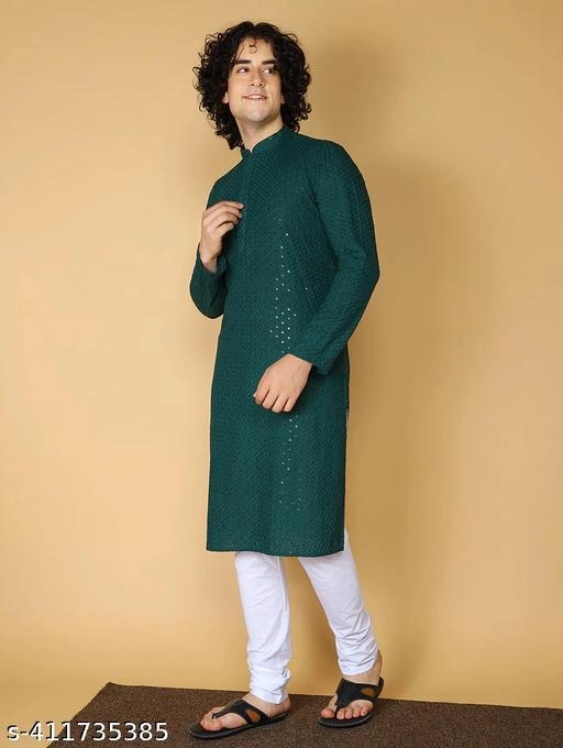 Viscose Rayon Embroidered Kurta for Men (S, Bottle Green)