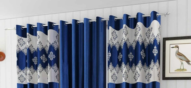 Polyester Room Darkening Printed Door Curtains (Blue, 7 Feet) (Set of 3)