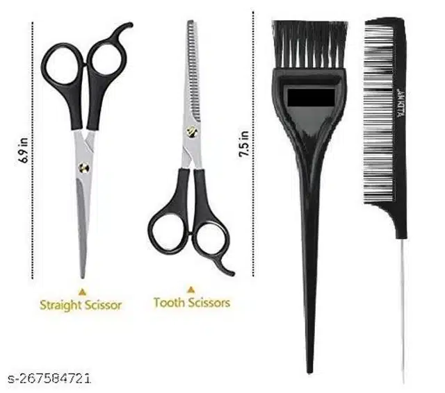 Salon Hair Comb & Scissor with Hair Color Brush (Black, Set of 4)