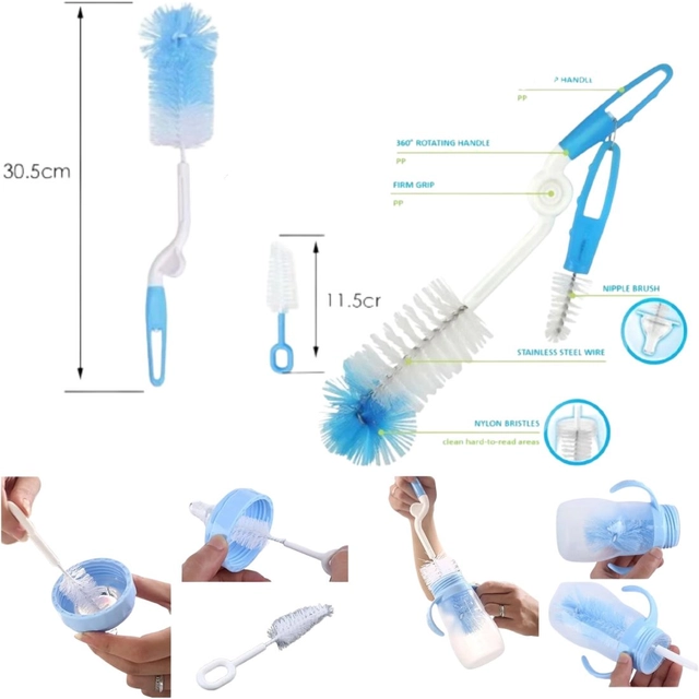 Combo of Nipple & Bottle Cleaning Brushes (Blue & White, Set of 2)