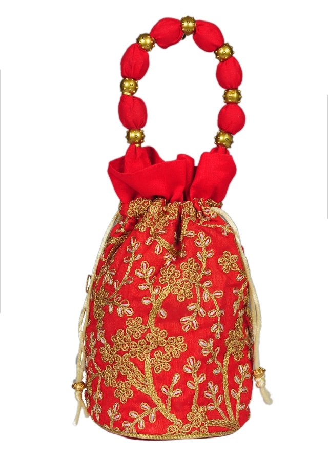 Silk Floral Ethnic Rajasthani Traditional Work Potli with Handle for Return Gifts (Red)