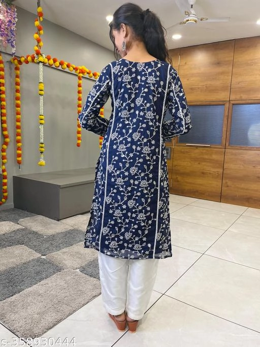 Chanderi Silk Embroidered Kurti with Pant & Dupatta for Women (Navy Blue & White, XS)