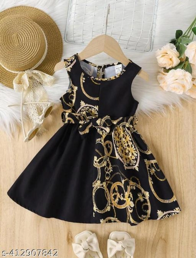 Cotton Printed Frock for Girls (Black & Gold, 0-3 Months)