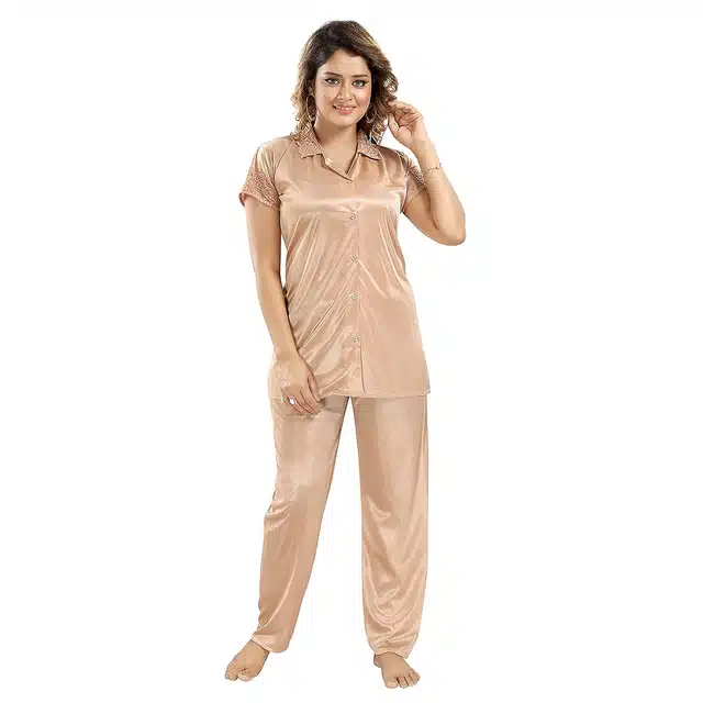 Satin T-Shirt with Trouser Nightsuit Set for Women (Gold, M)