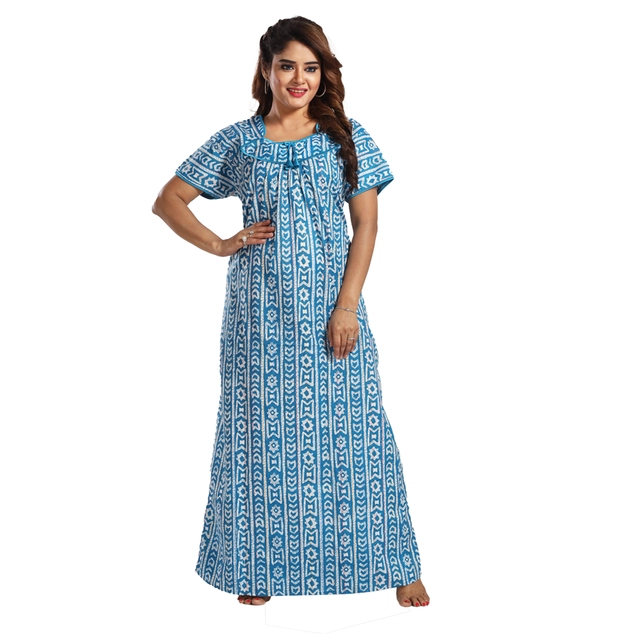 Satin Printed Feeding Nighty for Women (Aqua Blue, Free Size)