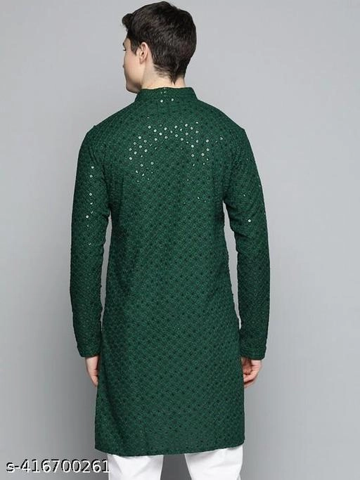 Viscose Embroidered Kurta for Men (S, Bottle Green)