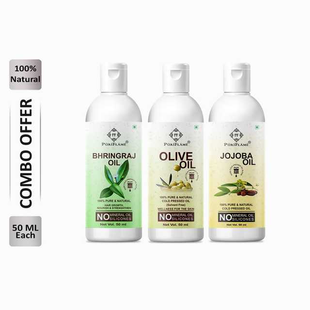 Puriflame Pure Bhringraj Oil (50 ml), Olive Oil (50 ml) & Jojoba Oil (50 ml) Combo for Rapid Hair Growth (Pack Of 3) (B-9419)