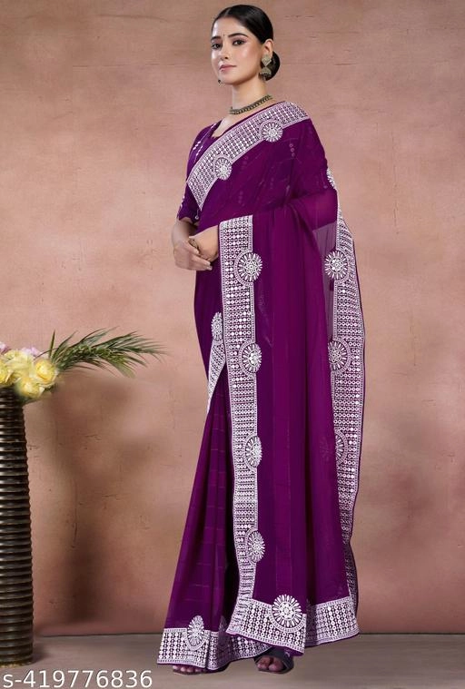 Satin Embroidered Saree for Women (Purple, 6.3 m)