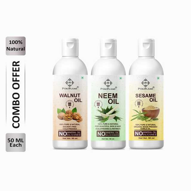 Puriflame Pure Walnut Oil (50 ml), Neem Oil (50 ml) & Sesame Oil (50 ml) Combo for Rapid Hair Growth (Pack Of 3) (B-14016)