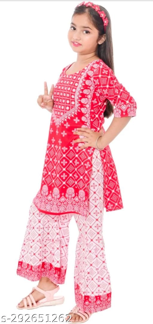 Rayon Kurta Set for Girls (Red & White, 4-5 Years)