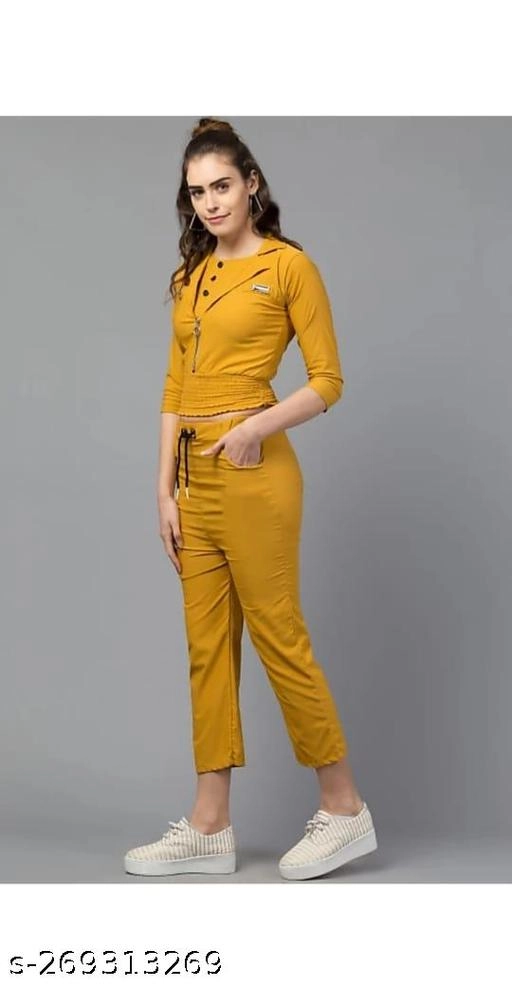 Cotton Blend Solid Top & Bottom Set for Women (Yellow, L)