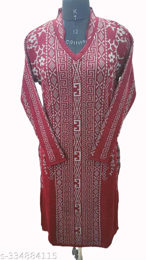 Woolen Printed Kurti for Women (Maroon, Free Size)