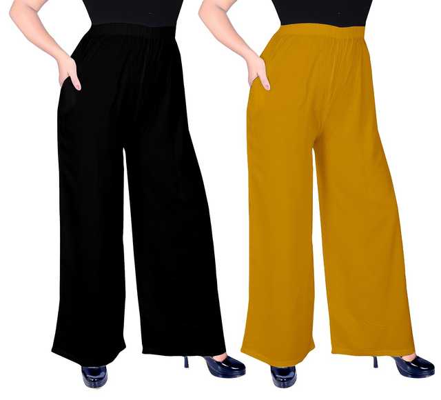 Mevaba Casual Viscose Blend Women Solid Palazzo (Pack Of 2, Black & Mustard ) (SS-233)