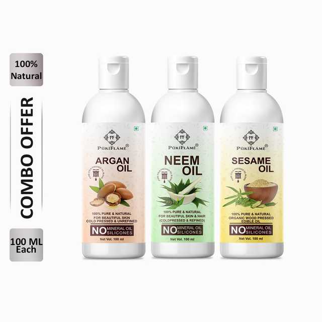 PuriFlame Pure Argan Oil (100 ml) & Neem Oil (100 ml) & Sesame Oil (100 ml) Combo For Rapid Hair Growth (Pack Of 3) (B-2140)