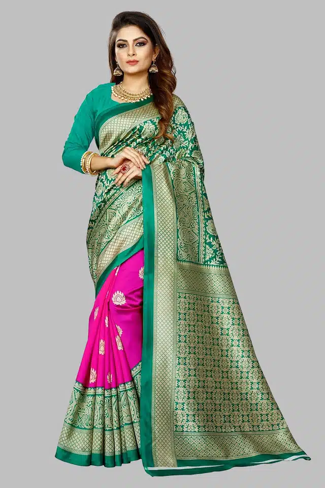 Printed Saree with Unstitched Blouse Piece for Women (Pink & Green, 6 m)