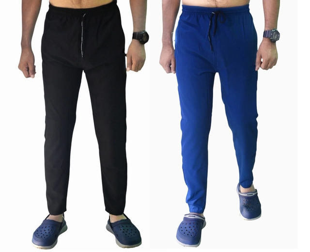 Lycra Solid Trackpants for Men (Black & Royal Blue, 28) (Pack of 2)