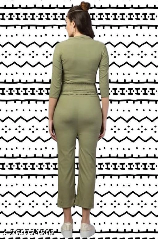 Cotton Blend Solid Top & Bottom Set for Women (Olive, L)