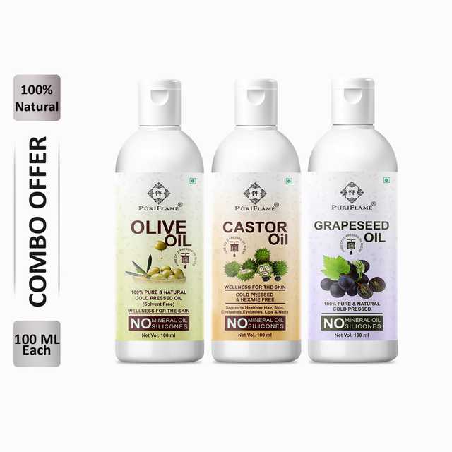 PuriFlame Pure Olive Oil (100 ml) & Castor Oil (100 ml) & Grapeseed Oil (100 ml) Combo For Rapid Hair Growth (Pack Of 3) (B-6127)