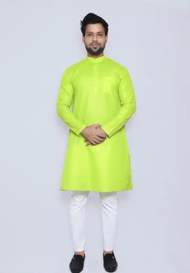 Cotton Blend Solid Kurta Set for Men (Green & White, M)