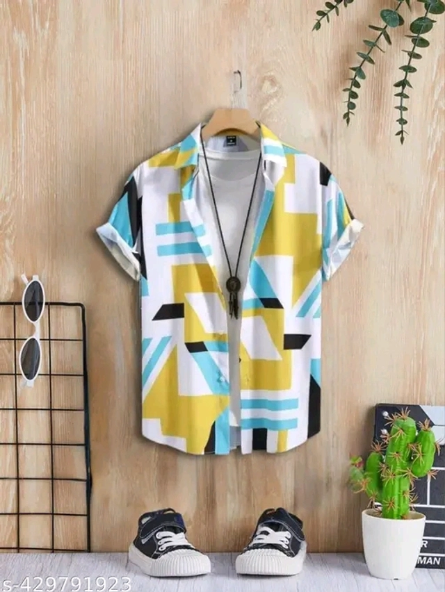 Half Sleeves Printed Shirt for Boys (Yellow & Turquoise, 14-15 Years)