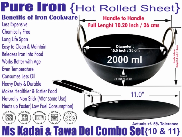 Iron Non Coated Kadai (2 L) & Tawa (Black, Set of 2)