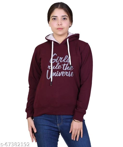 Cotton Blend Printed Hoodie for Women (Brown, M)