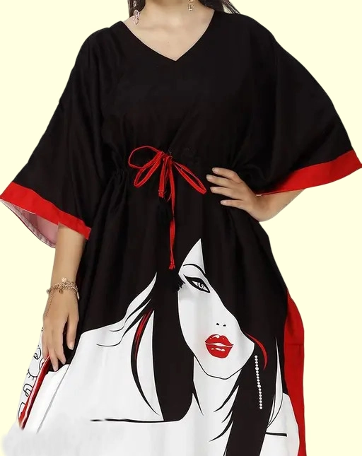 Satin Printed Kaftan for Women (Black & White, L)