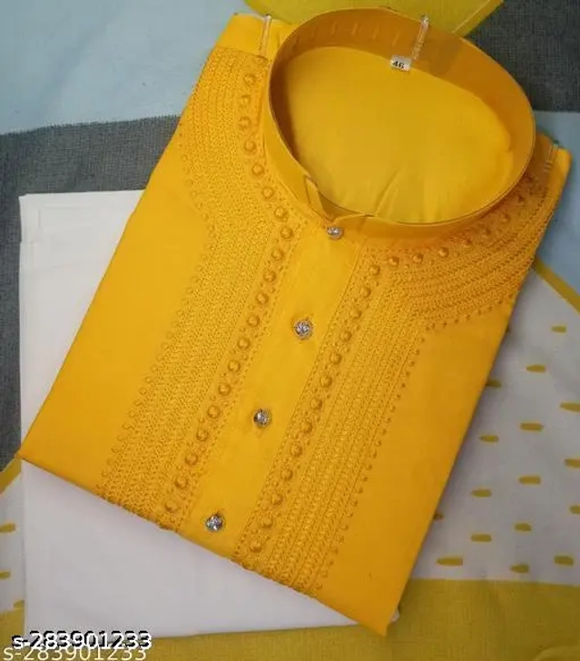 Cotton Blend Embroidered Kurta with Pyjama for Men (Yellow, M)