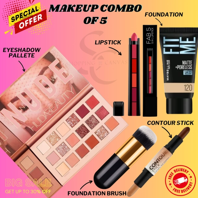 Combo of Eyeshadow Palette with 5-in-1 Mini Lipstick, Fit Me Foundation, Brush & Contour Stick (Set of 5)