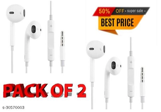 In Ear Wired Earphones (White, Pack of 2)