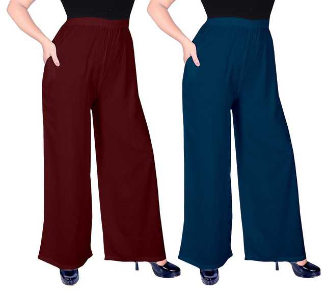 Mevaba Casual Viscose Blend Women Solid Palazzo (Pack Of 2, Maroon & Morpeach blue ) (SS-258)