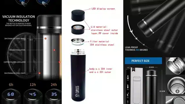 Thermos Double Stainless Steel Water Bottle with LED Temperature Display (VH)