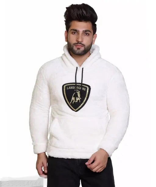 Wool Printed Hoodie for Men (White, M)