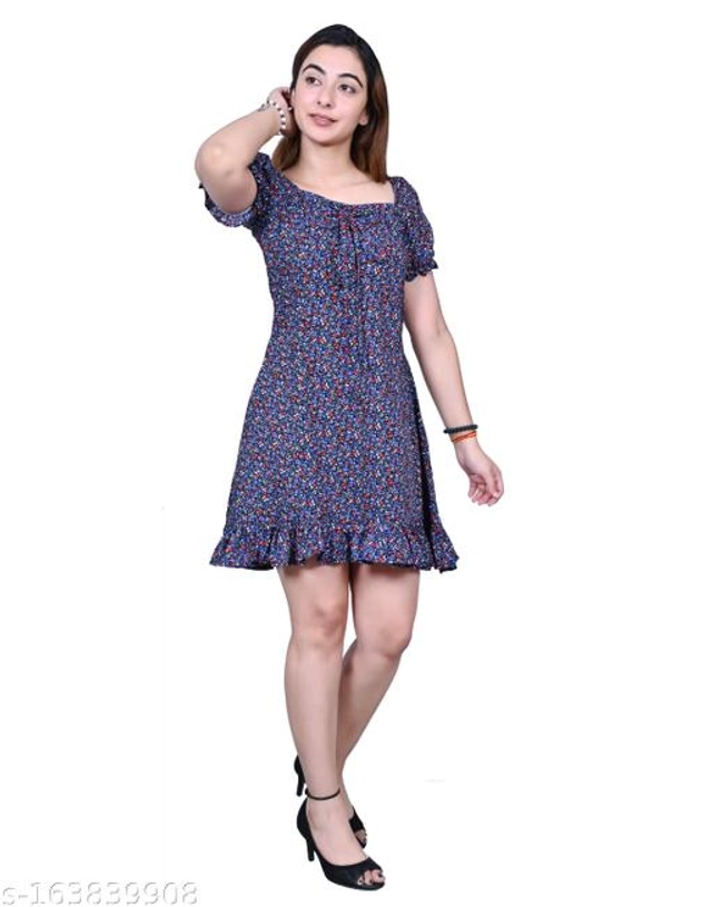 Crape Dress for Women (Blue, L)