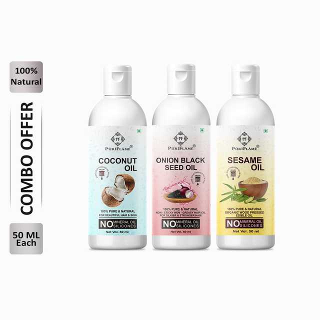 Puriflame Pure Coconut Oil (50 ml), Onion Black Seed Oil (50 ml) & Sesame Oil (50 ml) Combo for Rapid Hair Growth (Pack Of 3) (B-10360)