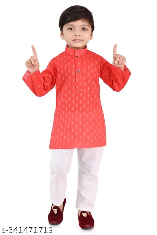 Cotton Blend Printed Kurta with Pyjama for Boys (Pink & White, 0-3 Months)