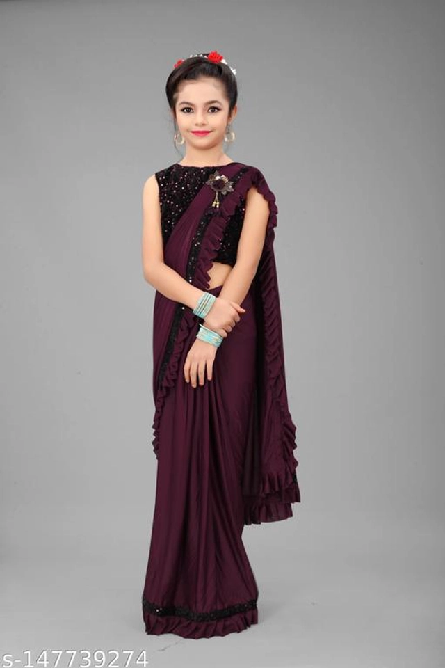 Solid Fancy Saree for Girls with Blouse (Wine, 3-4 Years)