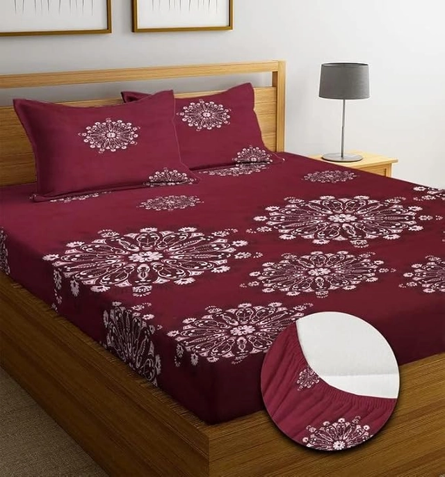 Glace Cotton Fitted Bedsheet With 2 Pillow Covers (Maroon, 90x90 inches)