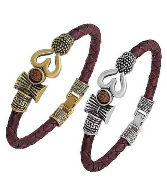 BHARDWAJ RETAILS OM Trishul Damroo Designer Oxidized Gold Leather Kada Bracelet (Assorted) (Pack of 2) (BR72)