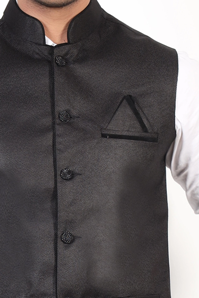 Jute Khadi Solid Waistcoat for Men (Black, M)