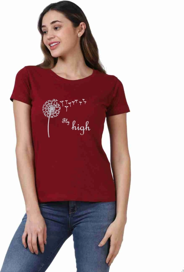 Round Neck Printed T-Shirt for Women (Maroon, S)