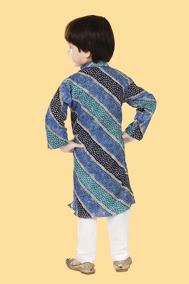 Cotton Blend Printed Kurta with Pyjama for Boys (Blue & White, 3-4 Years)