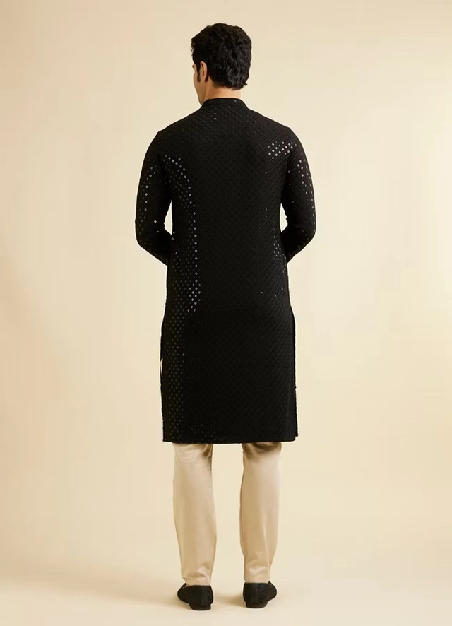 Cotton Blend Embroidered Kurta for Men (Black, S)